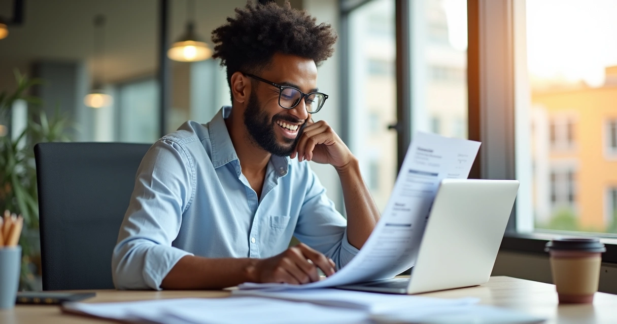 Empresário analisando documentos com sorriso 