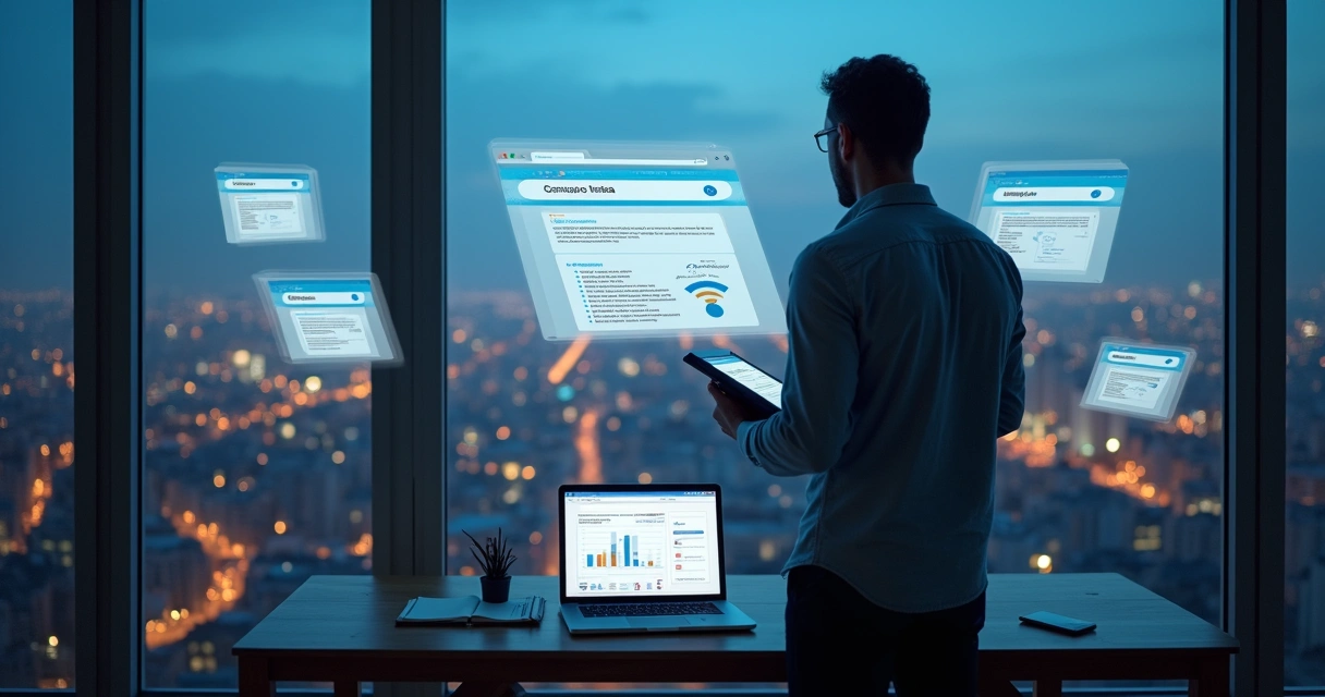 Empresário analisa estratégia de SEO com página do Google no navegador 