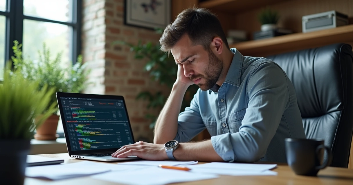 Empresário exausto em frente a computador com várias planilhas abertas 