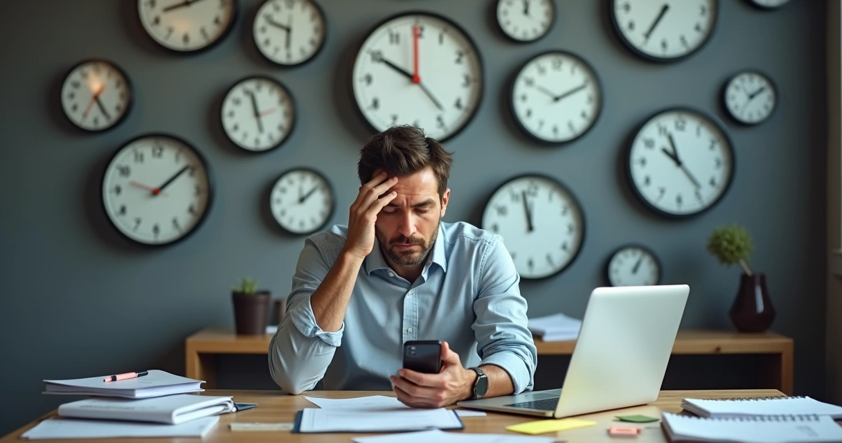 Empresário de PME cercado por pilha de papéis e vários relógios na parede 