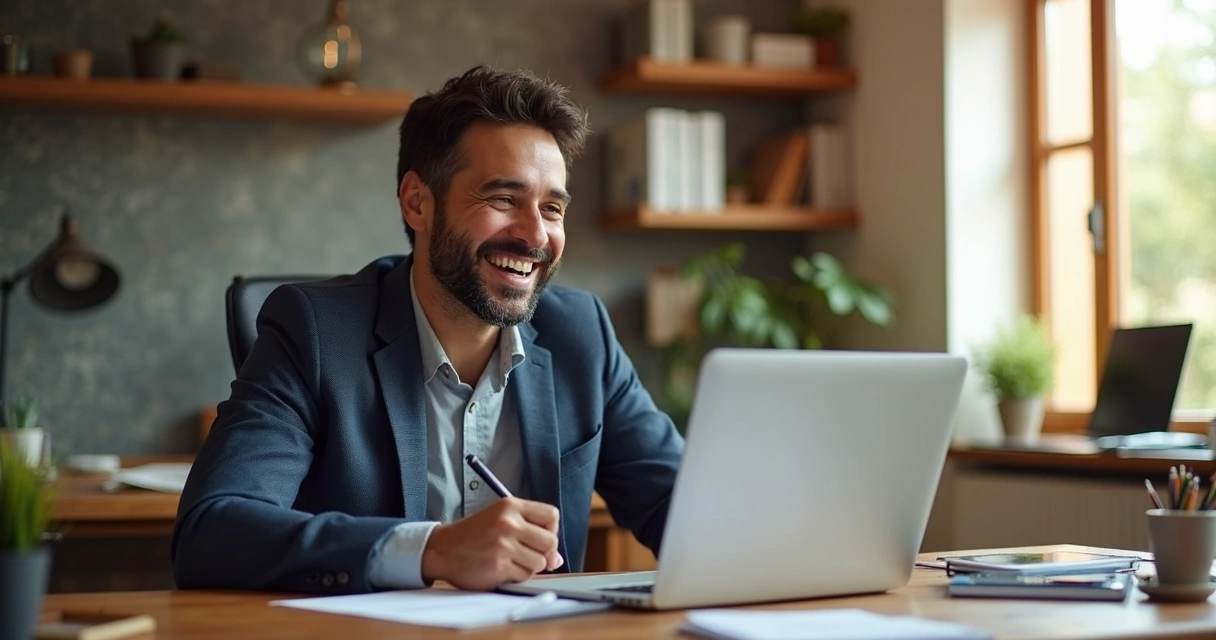 Pequeno empresário satisfeito ao lado de prancheta e notebook exibindo site novo 