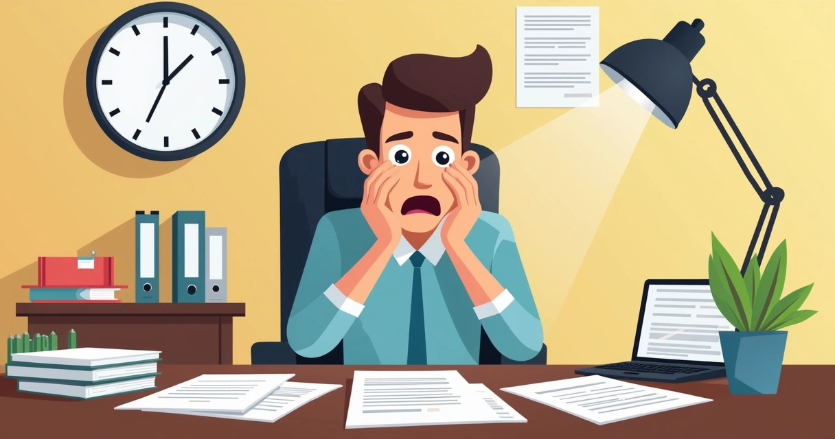 Empresário surpreso com boletos vencidos sobre a mesa, segurando a cabeça