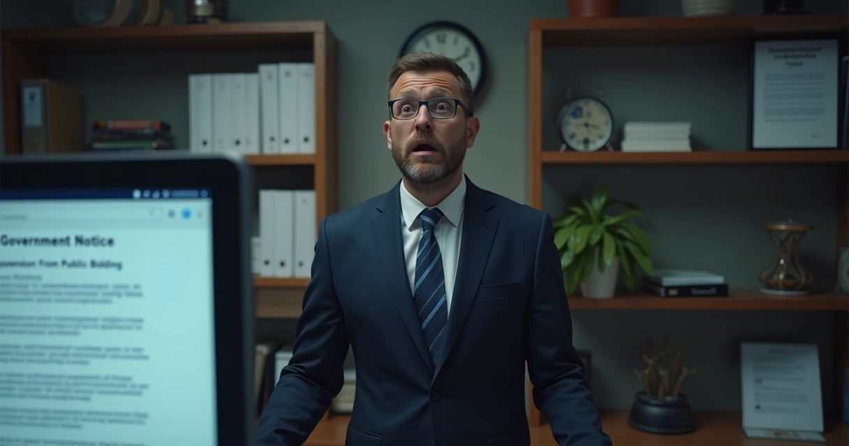 Empresário desconcertado vendo comunicado de suspensão em licitação