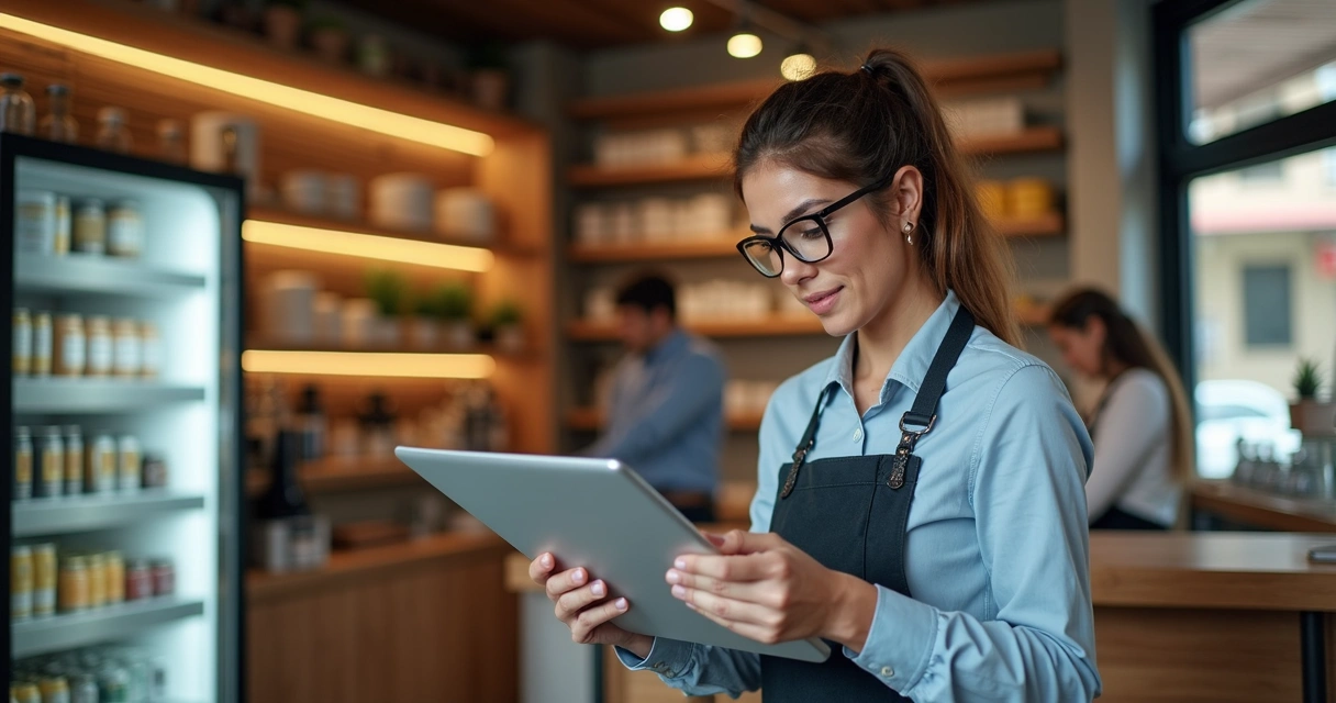Empresário mineiro utilizando tablet e sistema digital em loja moderna 