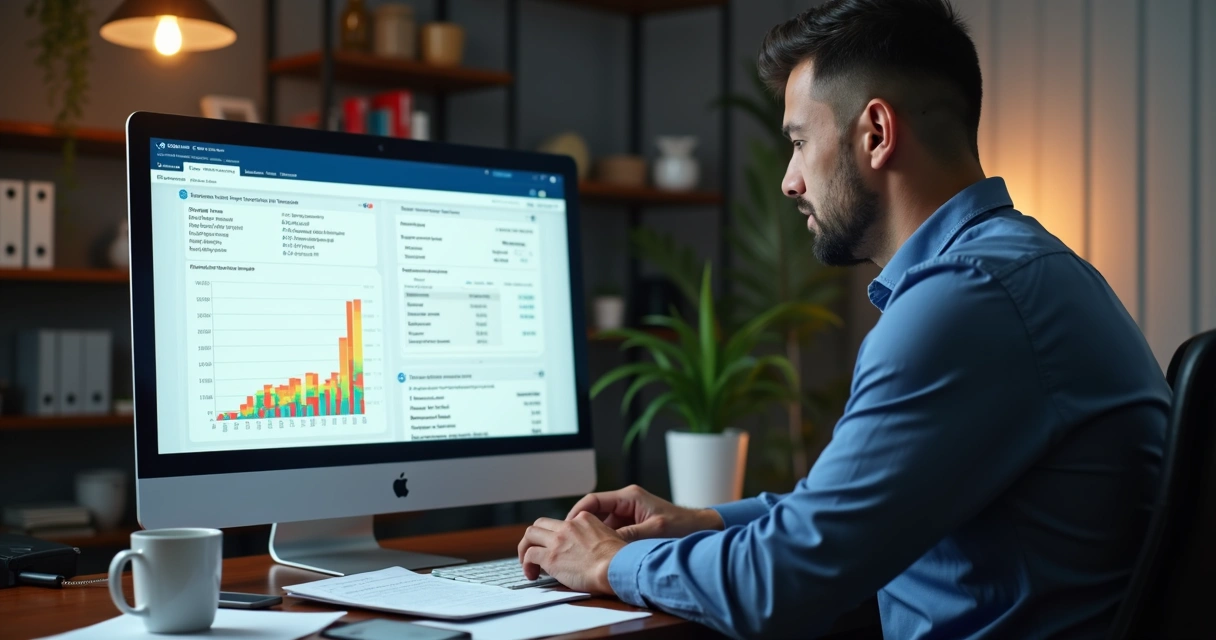 Empresário olhando tela com gráficos e impostos 
