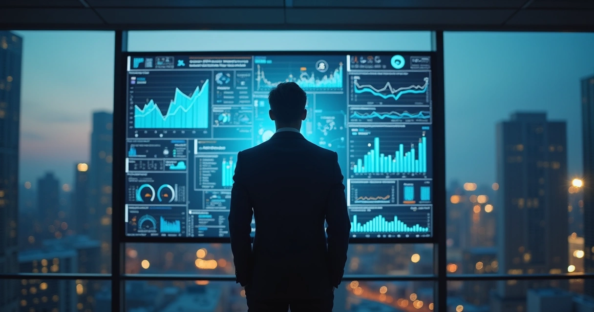 Empresário refletindo sobre decisão digital na frente de uma tela com gráficos 