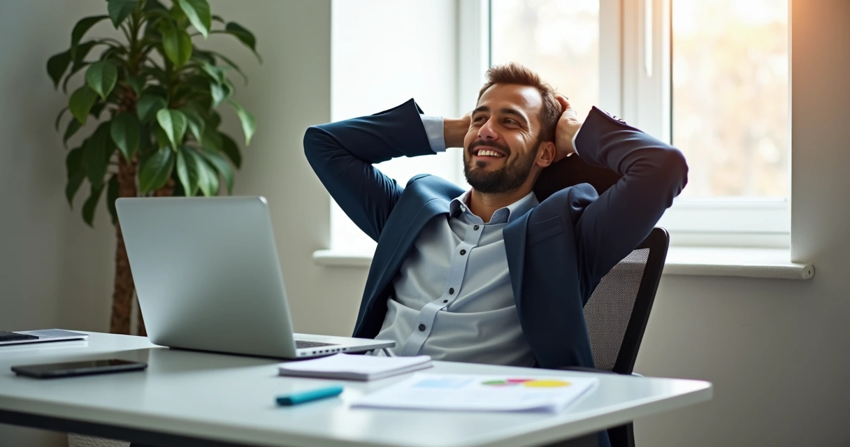 Empresário relaxando após organizar finanças da empresa 