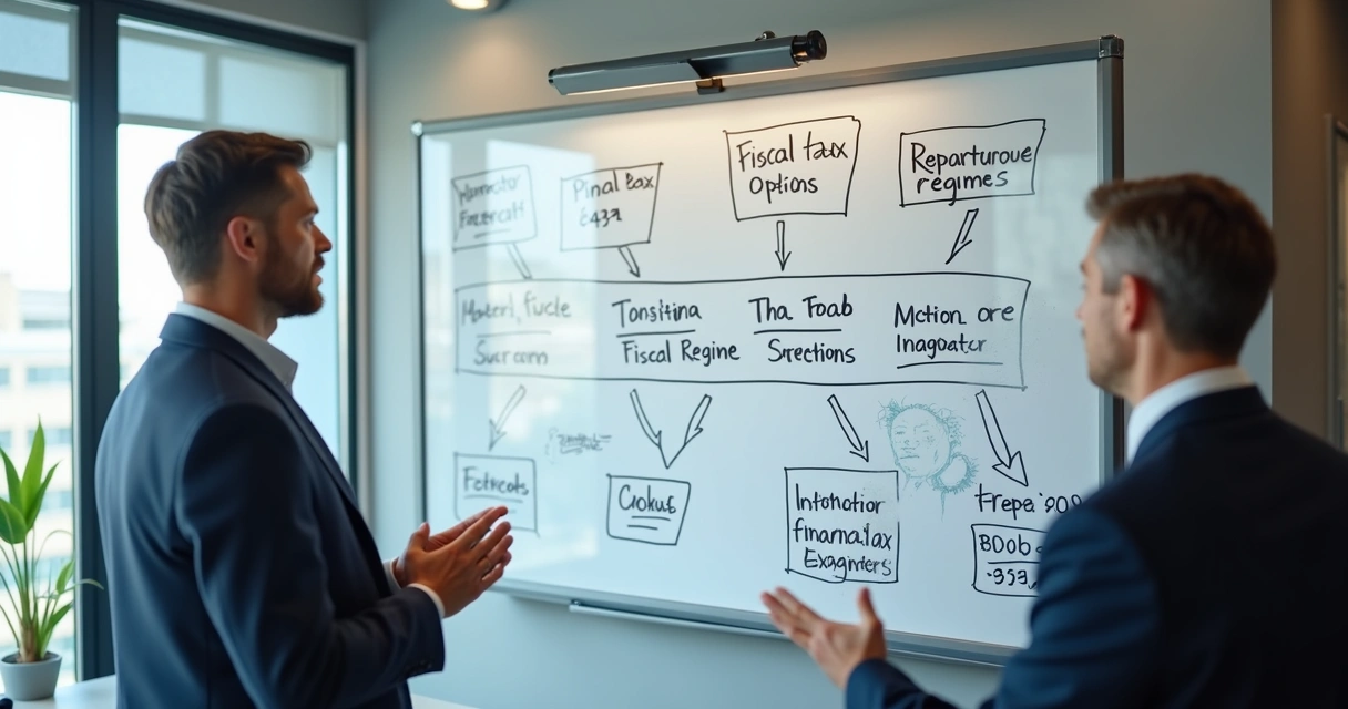 Pessoa ao lado de lousa mostrando opções fiscais