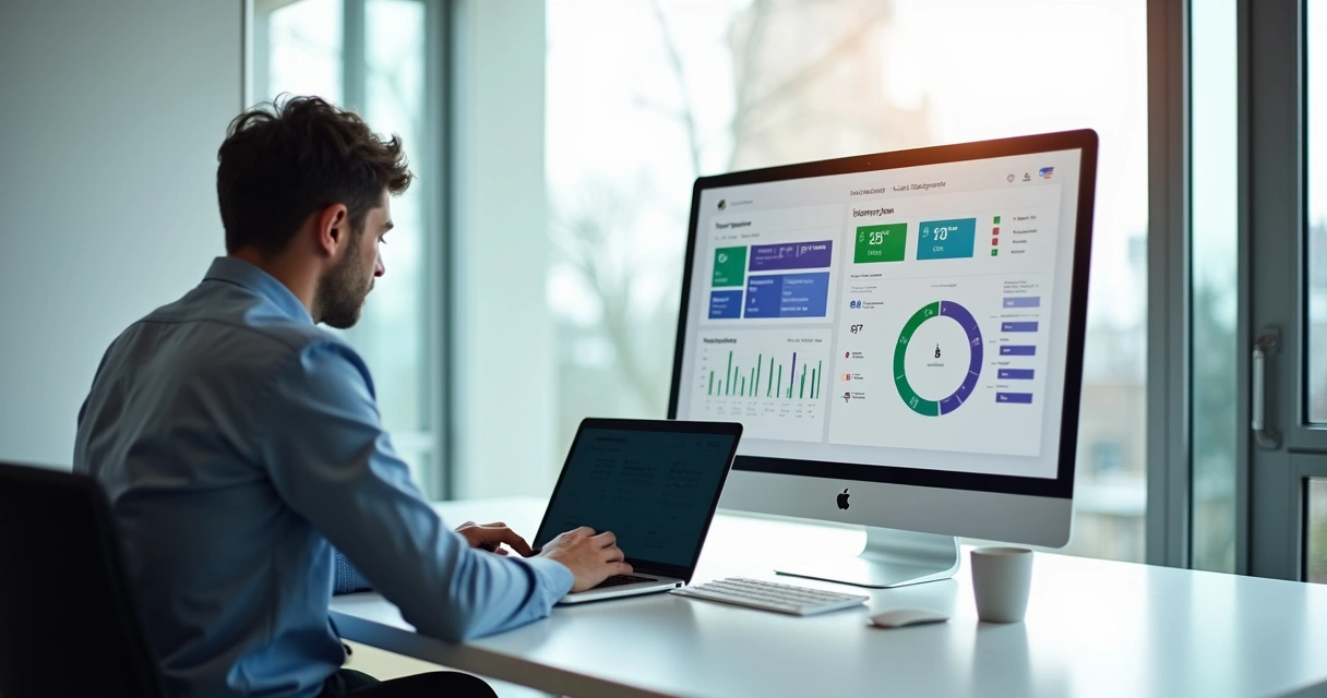 Empresário usando computador em escritório, analisando gráficos de APIs financeiras 