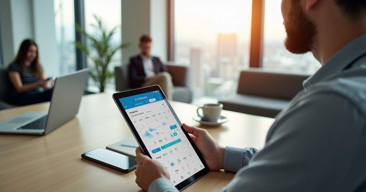 Empresário usando aplicativo de agendamento em tablet em escritório moderno 