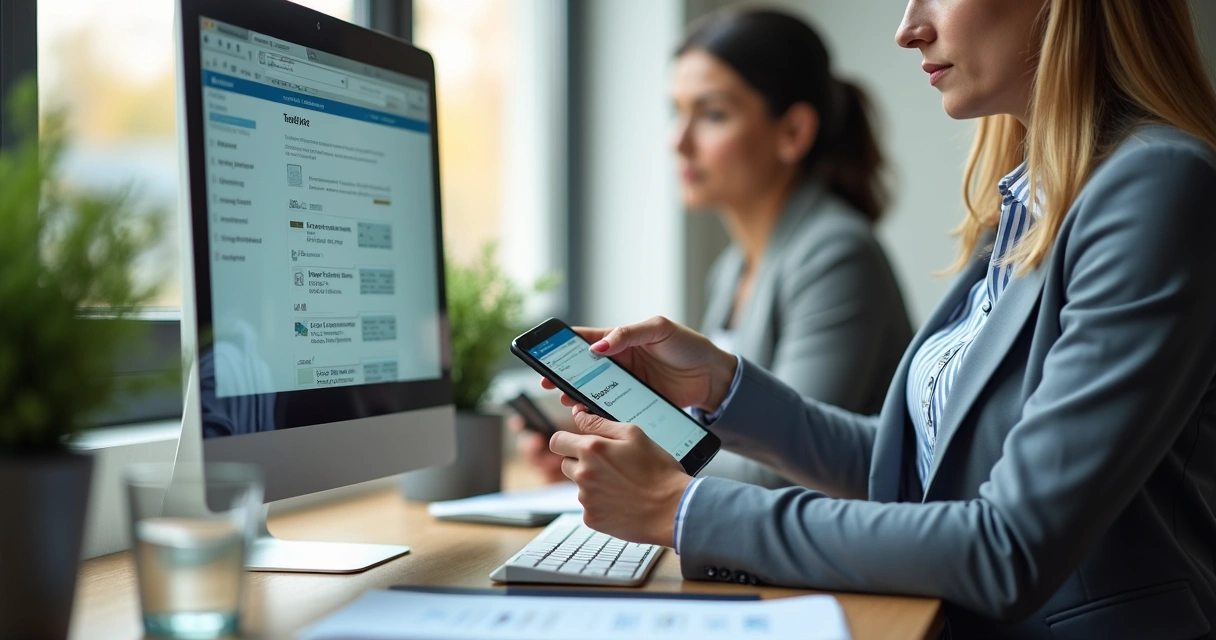 Mulher empresária gerenciando finanças pelo banco digital no computador e celular 