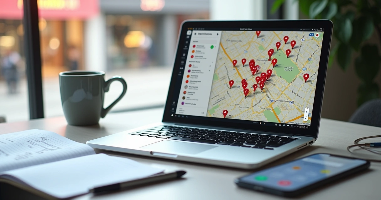 Empresário usando Google Maps em notebook para listar empresas locais 