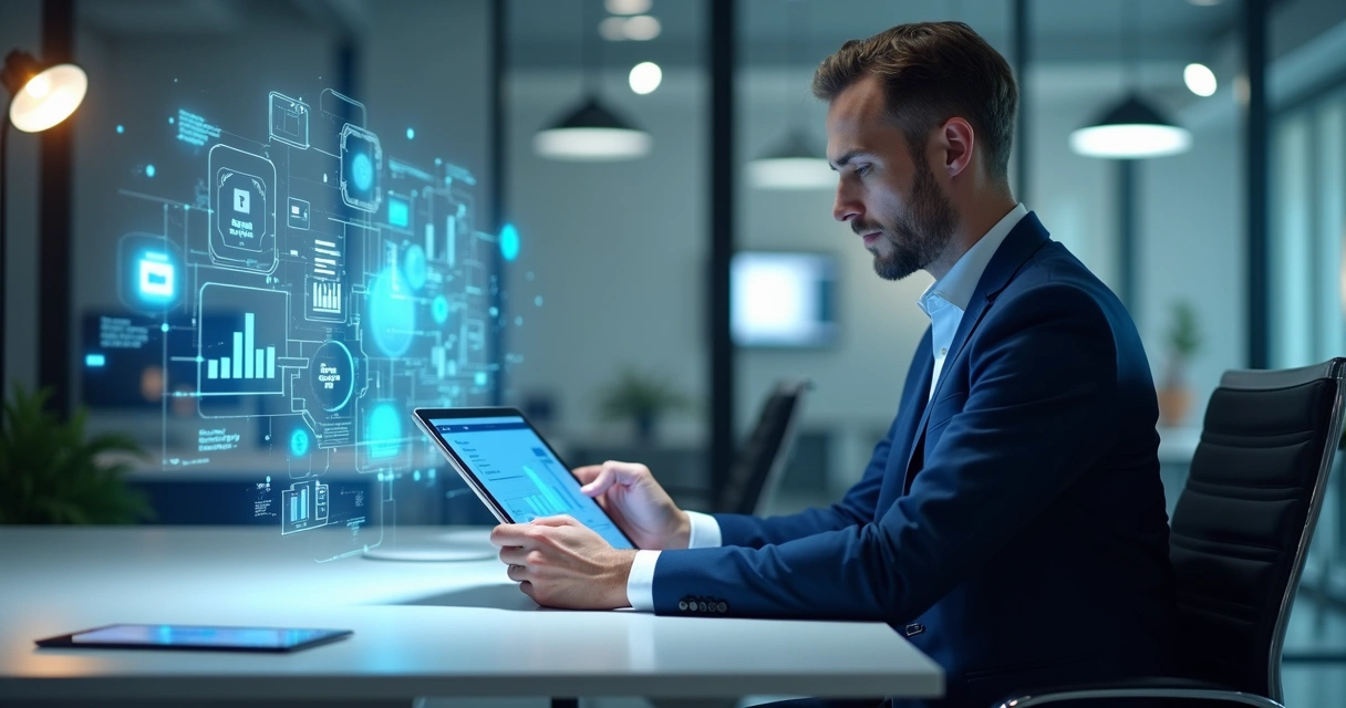 Homem de negócios usando tablet com gráficos digitais ao redor