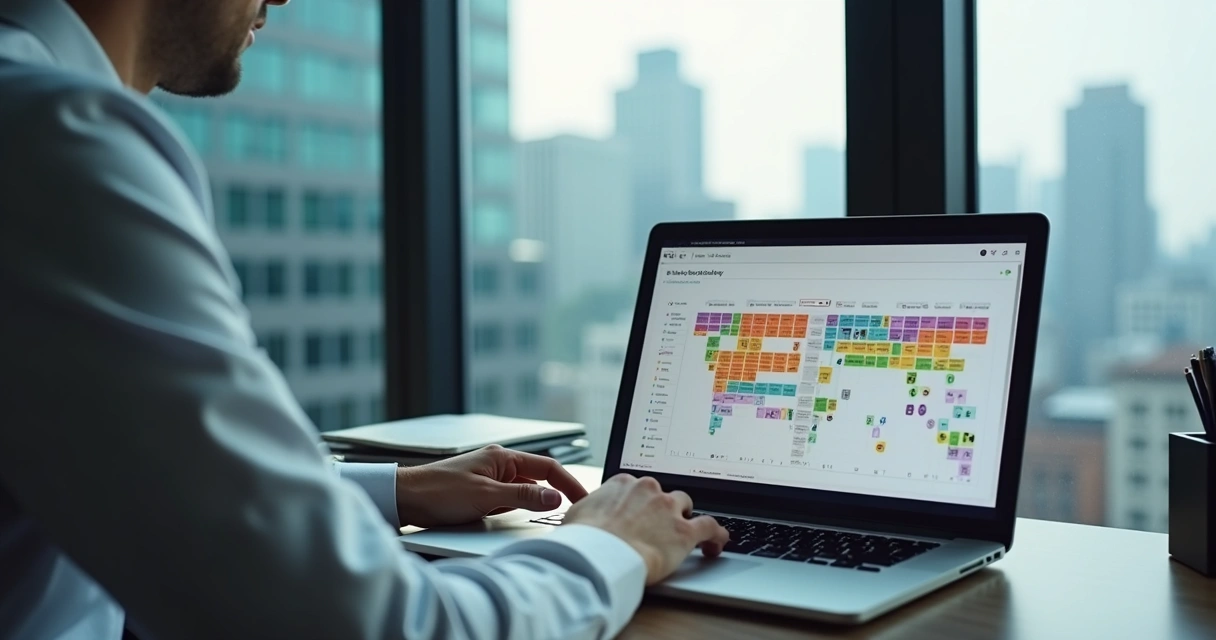 Profissional analisando um mapa de calor de vendas em um notebook em ambiente de escritório