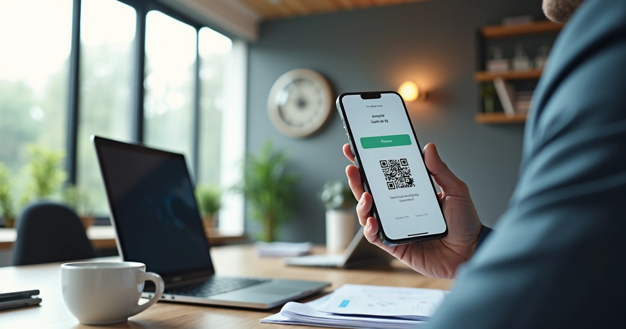 Empresário usando celular para realizar pagamento via Pix em ambiente de escritório moderno 