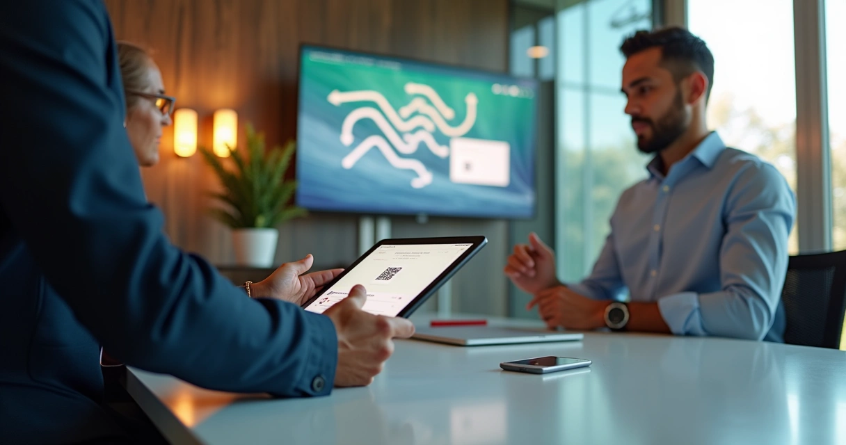 Executivo usando tablet para pagamento Pix em escritório 