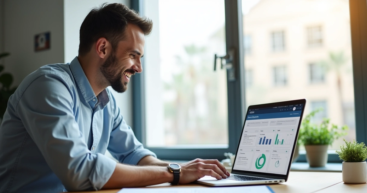 Empresário usando plataforma de automação DTB Tecnologia no computador