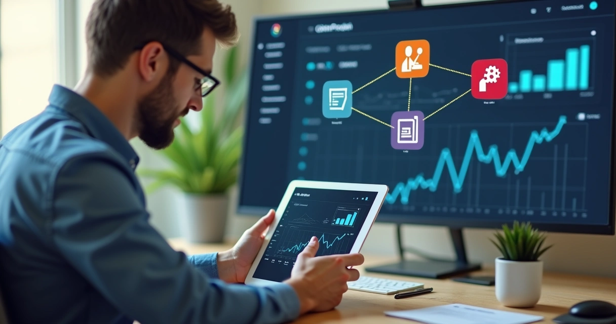 Empresário usando tablet na mesa analisando sistemas integrados 