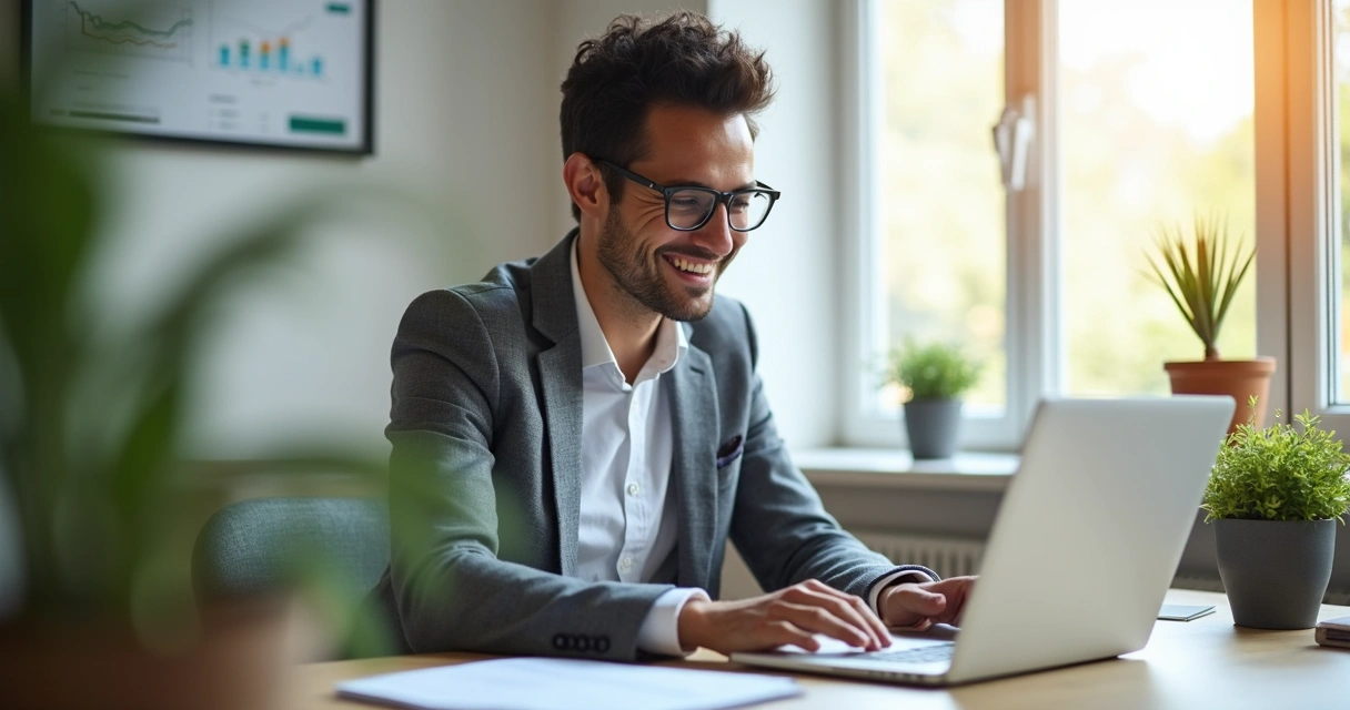 Empresário sorrindo usando plataforma de gestão fiscal em notebook