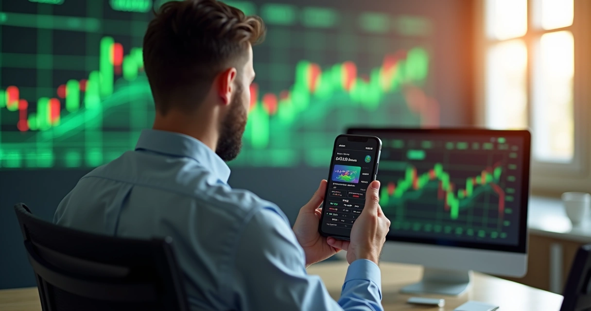 Pessoa olhando o celular com app de carteira de criptomoedas na tela e gráficos ao fundo