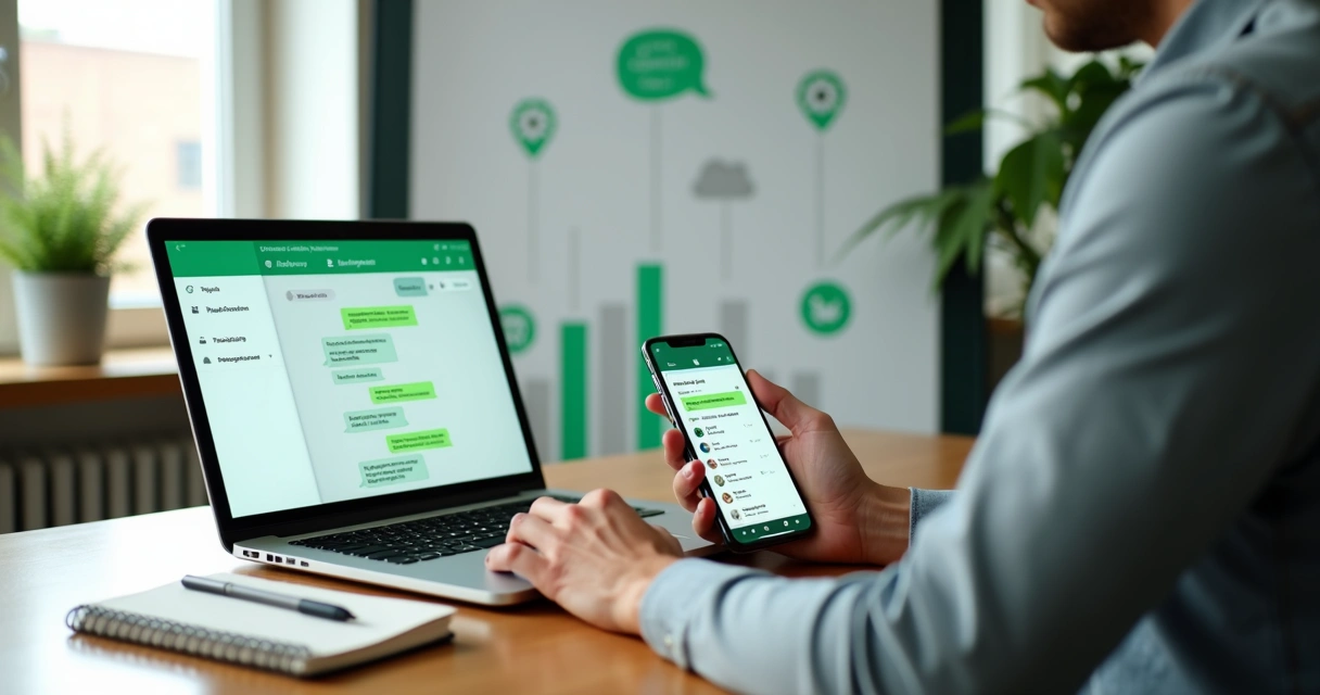 Empresário usando WhatsApp Business no notebook e celular em escritório moderno 