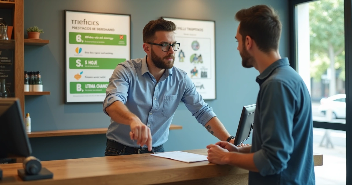 Empresário conversa com cliente em balcão comercial com cartazes de oferta ao fundo 