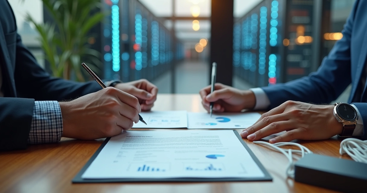 Empresário assinando contrato de venda de provedor com infraestrutura de internet ao fundo 