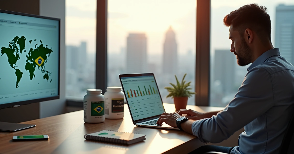 Empresário brasileiro analisando vendas online de suplementos para o exterior no laptop 