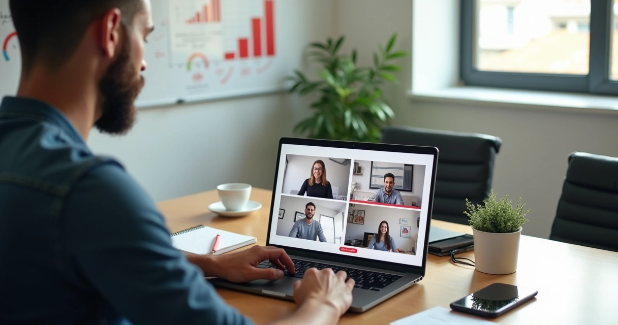 Empresário em videoconferência comercial com múltiplos clientes na tela 