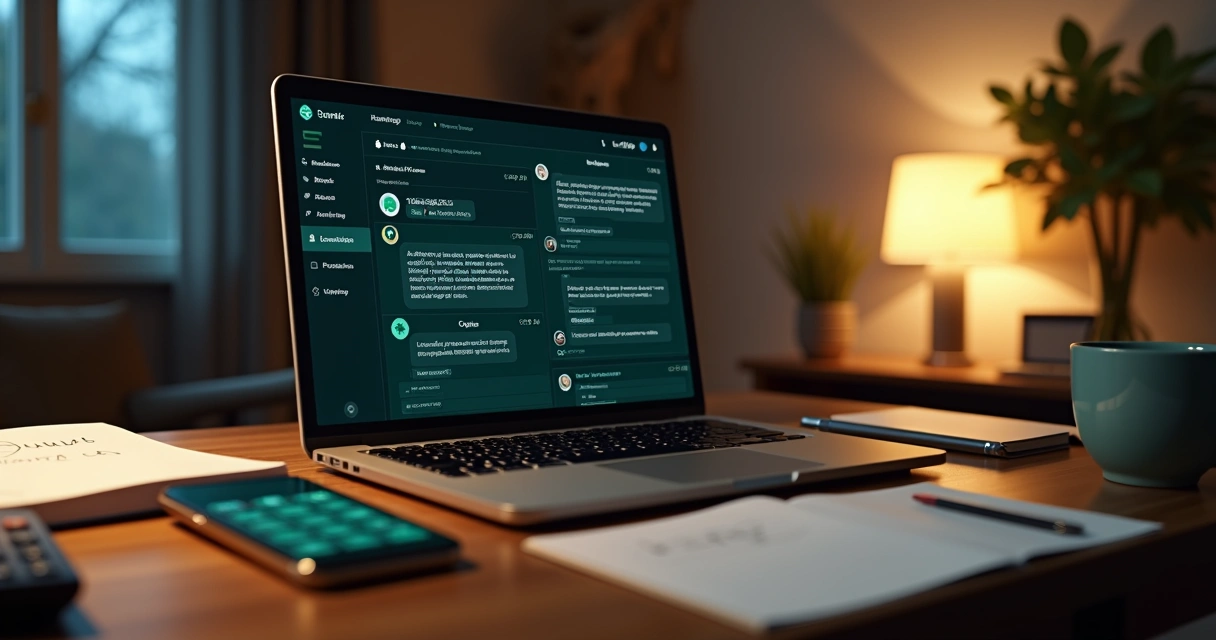 Empresário de PME usando painel com automação de WhatsApp em notebook 