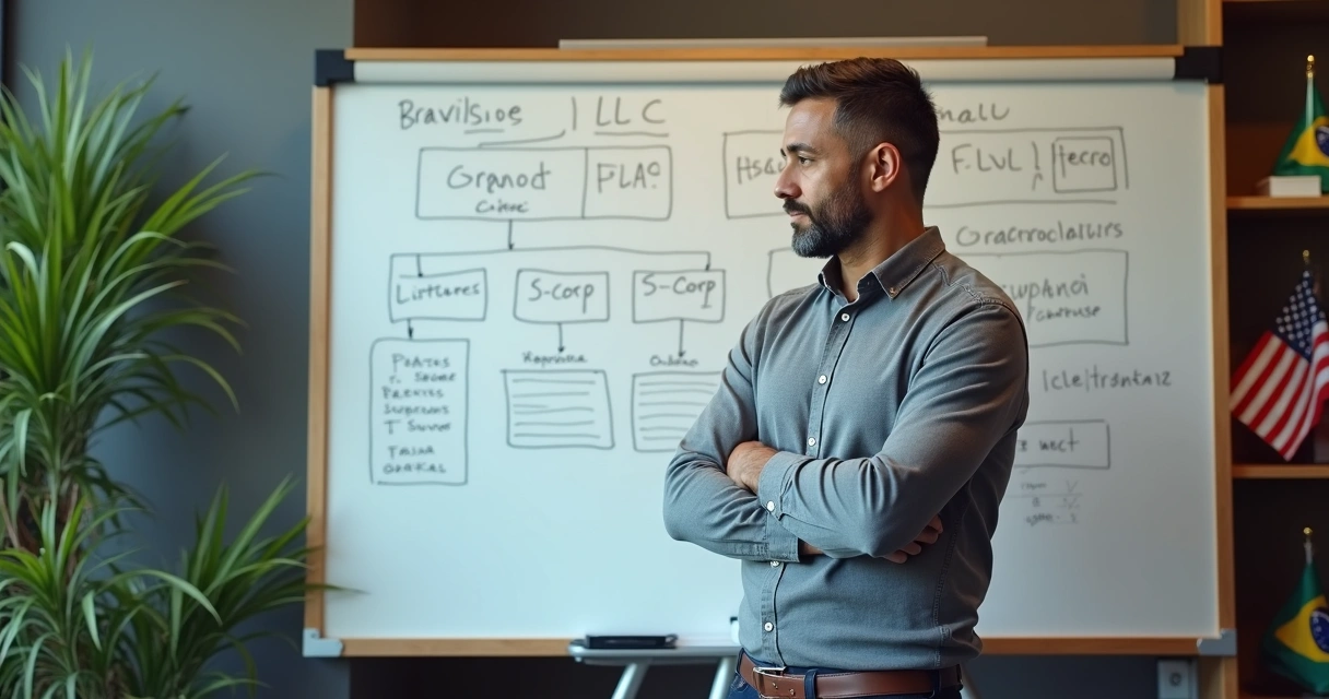 LLC nos EUA: Guia Completo para Brasileiros Empreenderem 4 Empresário brasileiro pensando e escolhendo a melhor estrutura societária para negócios nos EUA.