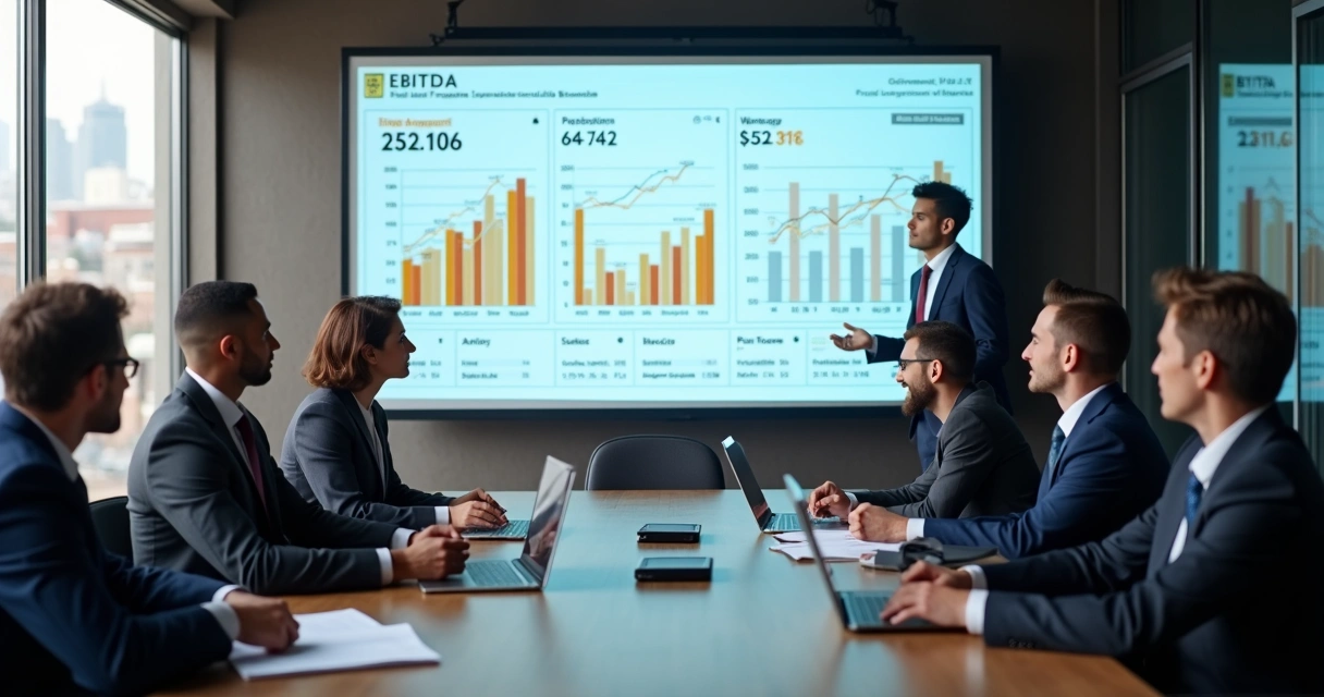 Empresários analisando gráficos de EBITDA e outros indicadores
