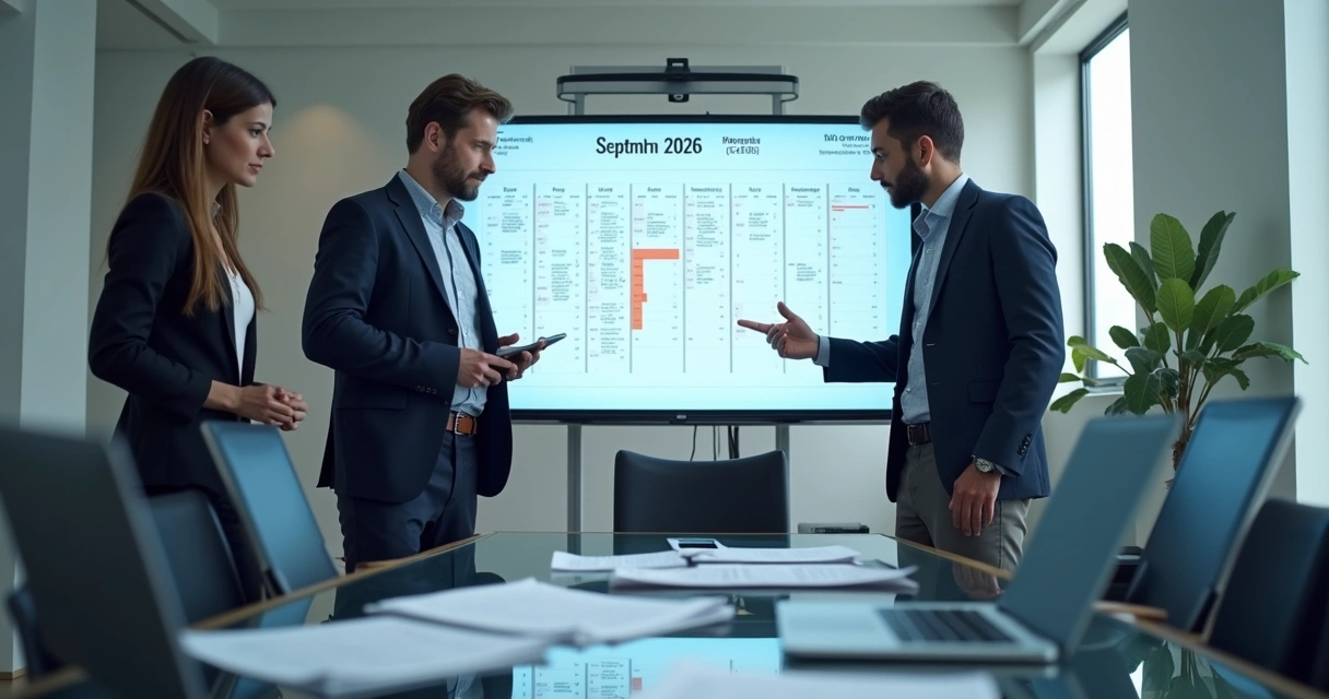 Empresários analisando juntos um calendário digital em uma tela gigante. 