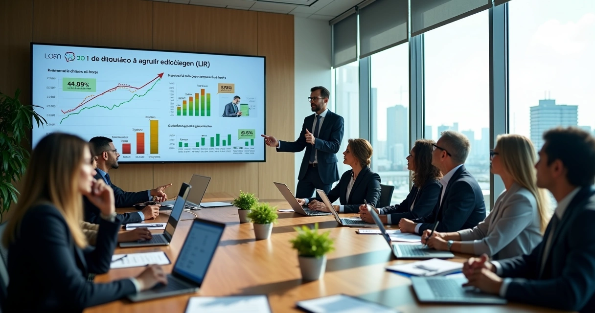 Executivos analisando gráficos de redução de custos e incentivos fiscais em grande empresa 