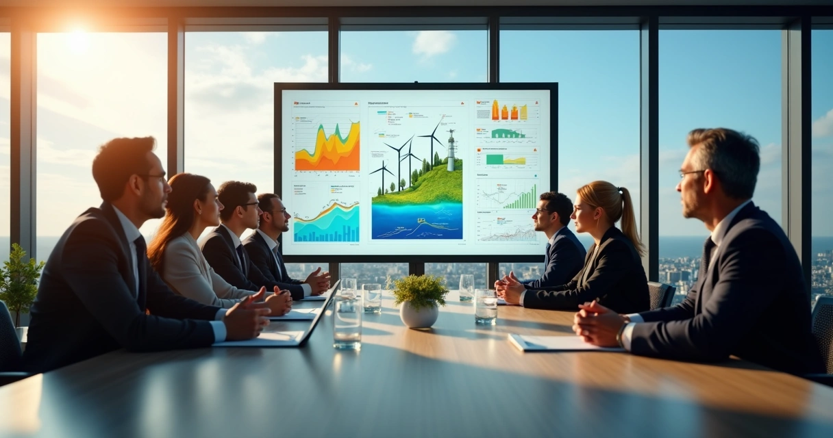 Empresários analisando gráficos de energia sustentável em sala de reunião 