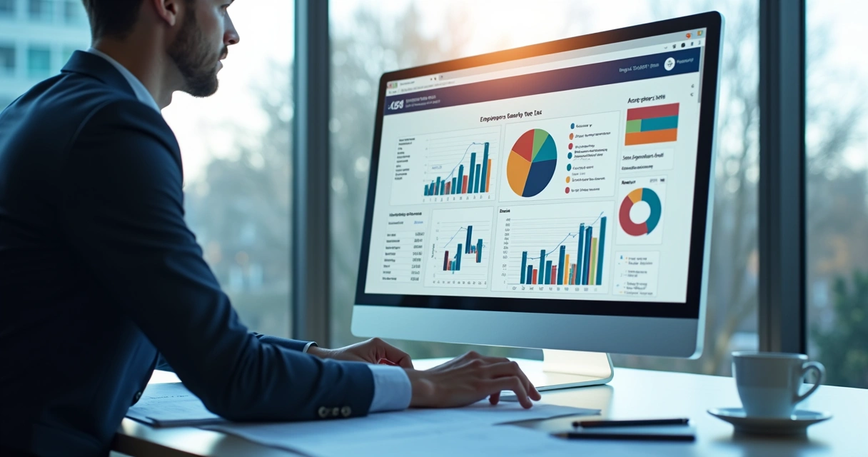 Profissional analisando informações digitais em escritório com planilhas e gráficos trabalhistas 