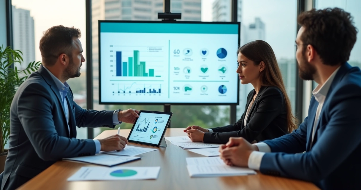 Gestor analisando custos de coparticipação em plano de saúde empresarial com equipe 