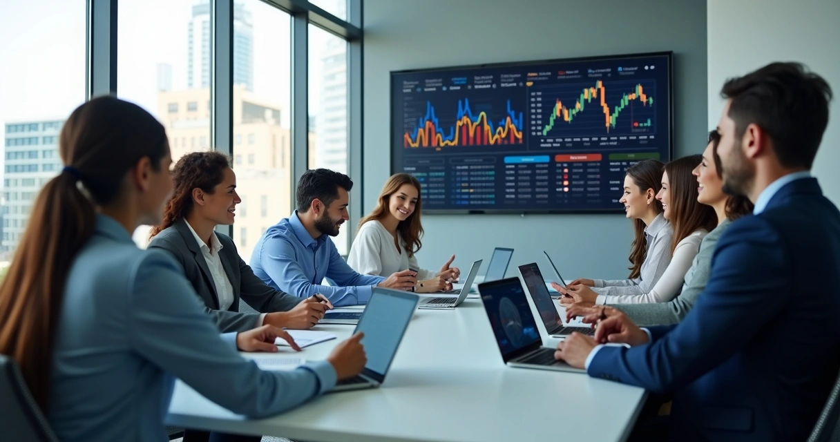 Grupo de empresários analisando relatórios financeiros digitais