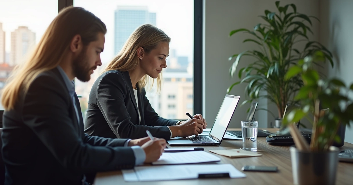 Dois empresários utilizando notebook para assinar um contrato digitalmente em sala de reunião. 