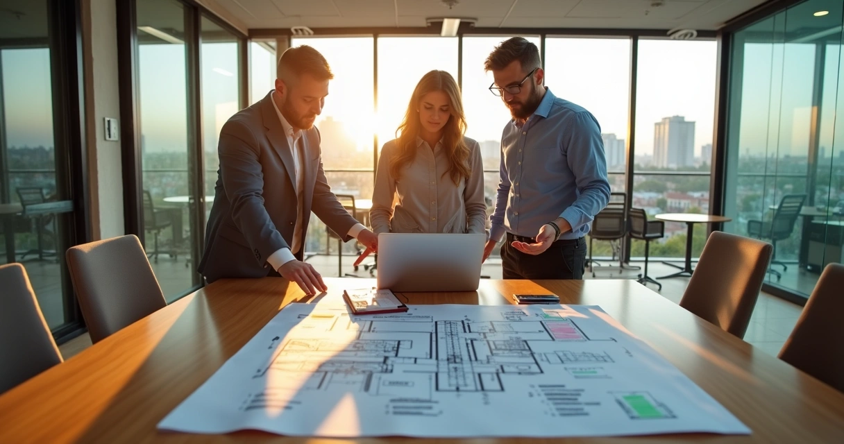 Donos de empresa avaliando layout de coworking em planta sobre mesa 