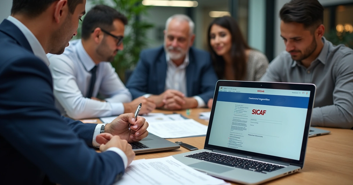 Profissionais reunidos fazendo cadastro online em notebook 