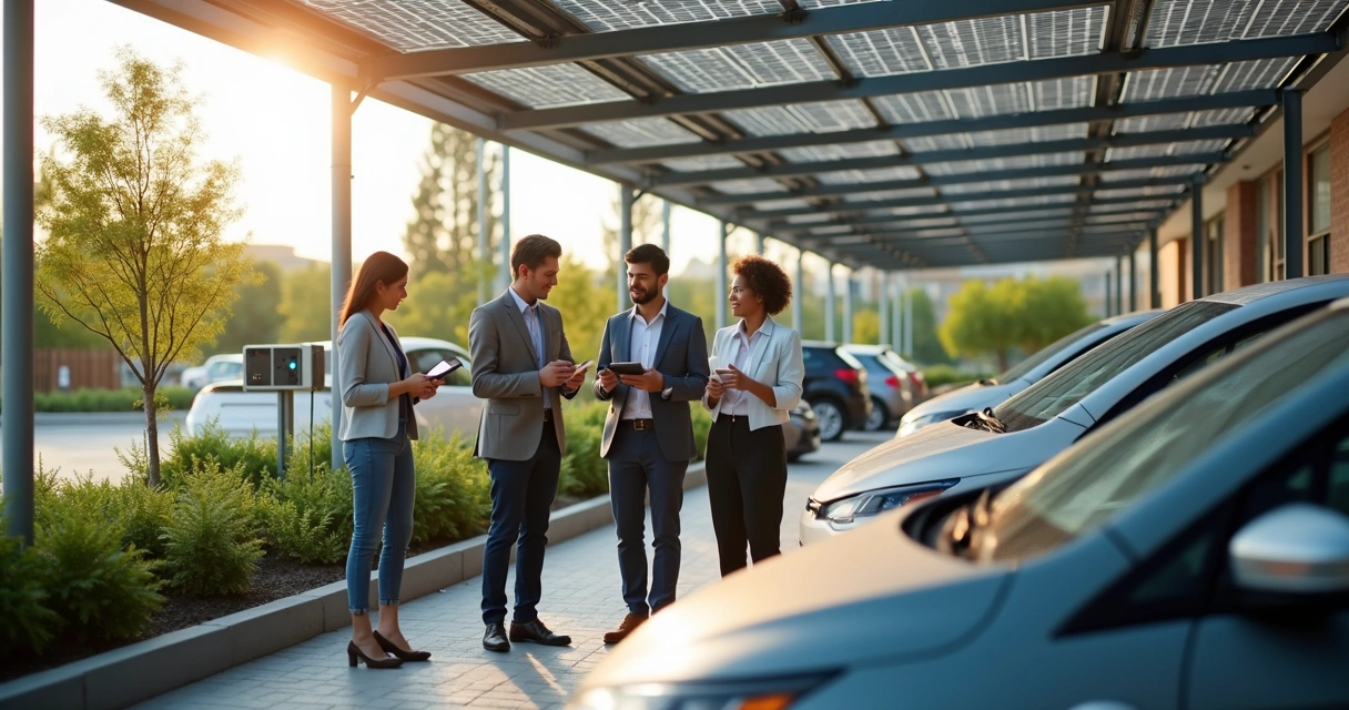 Equipe de empresa utilizando ponto de recarga em estacionamento solar