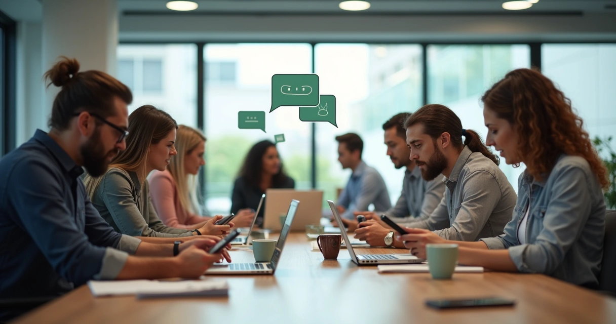 Equipe de empresários usando celulares sentados em mesa de coworking