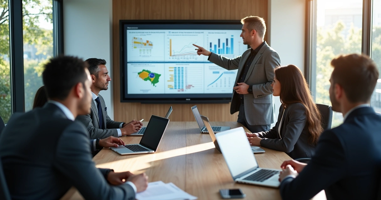 Empresários em reunião com documentos e gráficos na mesa 