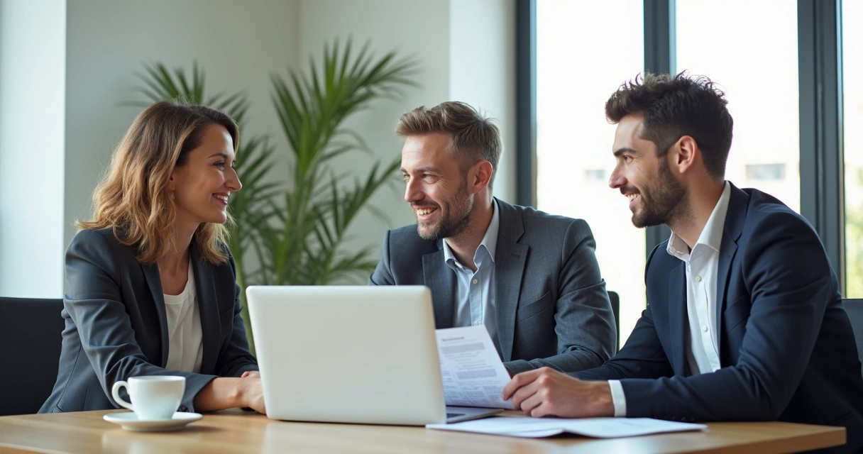 Empresários de médio porte analisando contrato juntos 