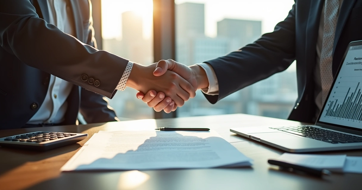 Dois empresários apertam as mãos sobre contrato de exclusividade na mesa 