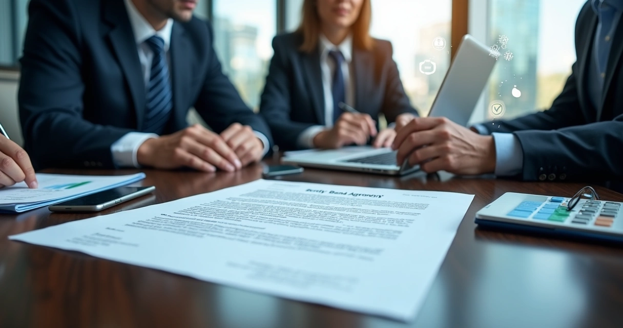 Executivos analisando contrato corporativo em mesa de reunião moderna 
