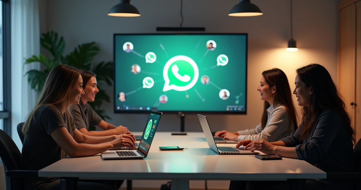 Três empresários usando notebook em sala iluminada, trocando ideias sobre mensagens do WhatsApp 