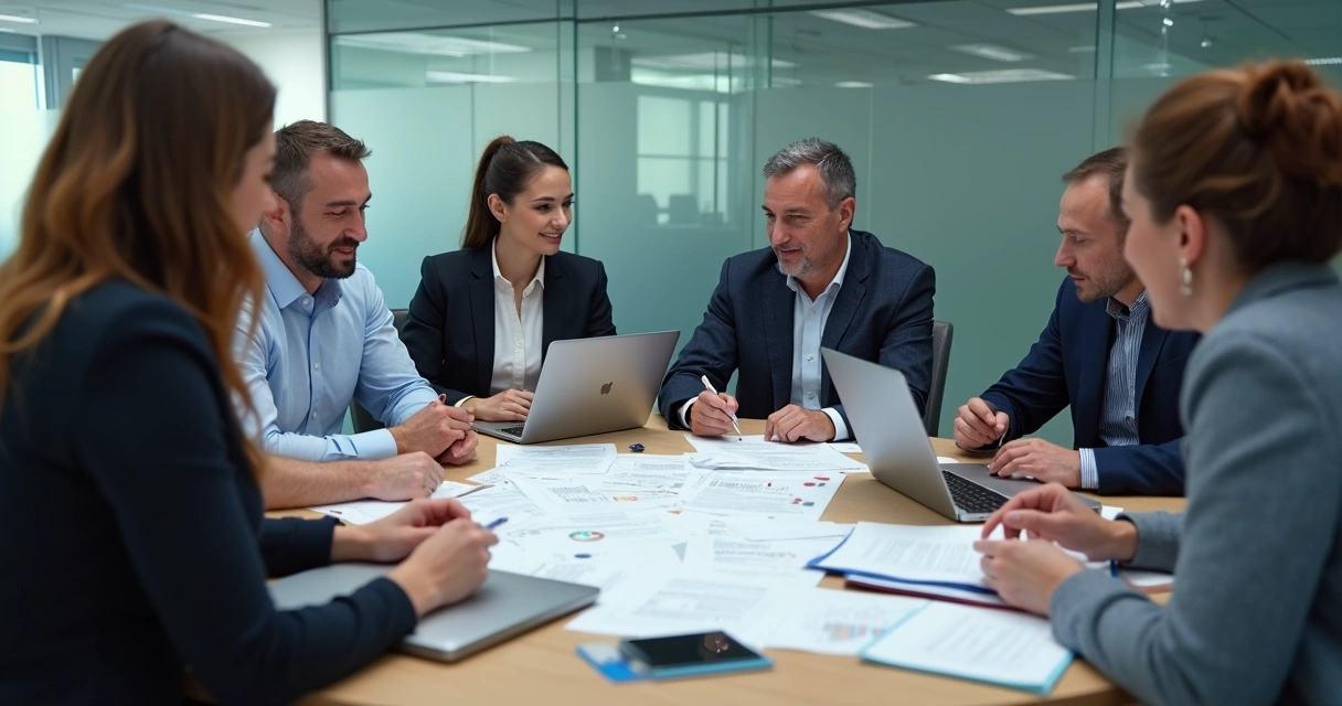 Empresários discutindo texto em reunião de trabalho 