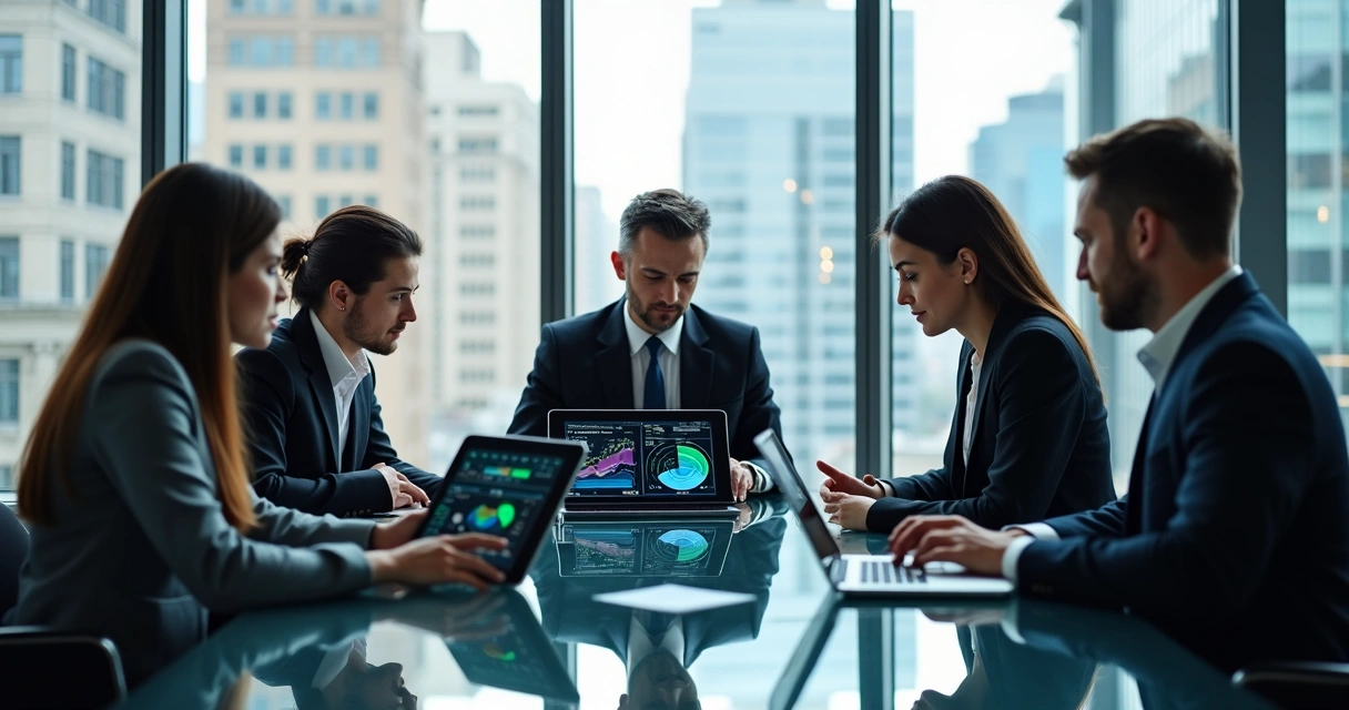 Equipe de empresários analisando gráficos digitais em uma mesa de reunião 